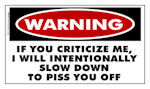 WARNING: If you criticize me, I will intentionally.... sticker