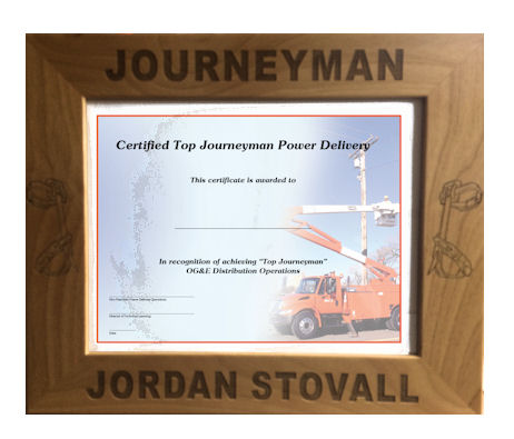 This personalized journeyman lineman picture or document frame will make a wonderful gift for the new journeyman lineman or electrician. 